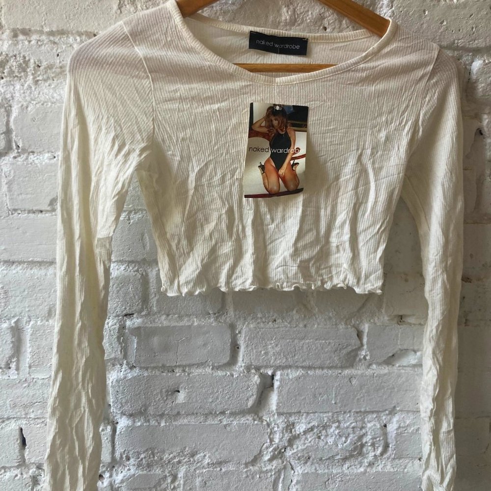 NWT Naked Wardrobe Ribbed Crop Top in Oatmeal color MADE IN USA ~ SIZE S